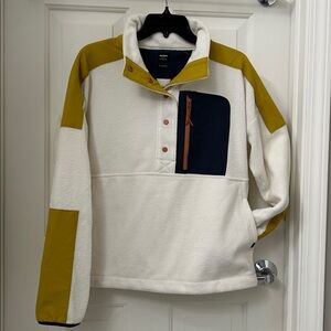 Prana Cream Fleece Jacket with Navy and Mustard Yellow trim.